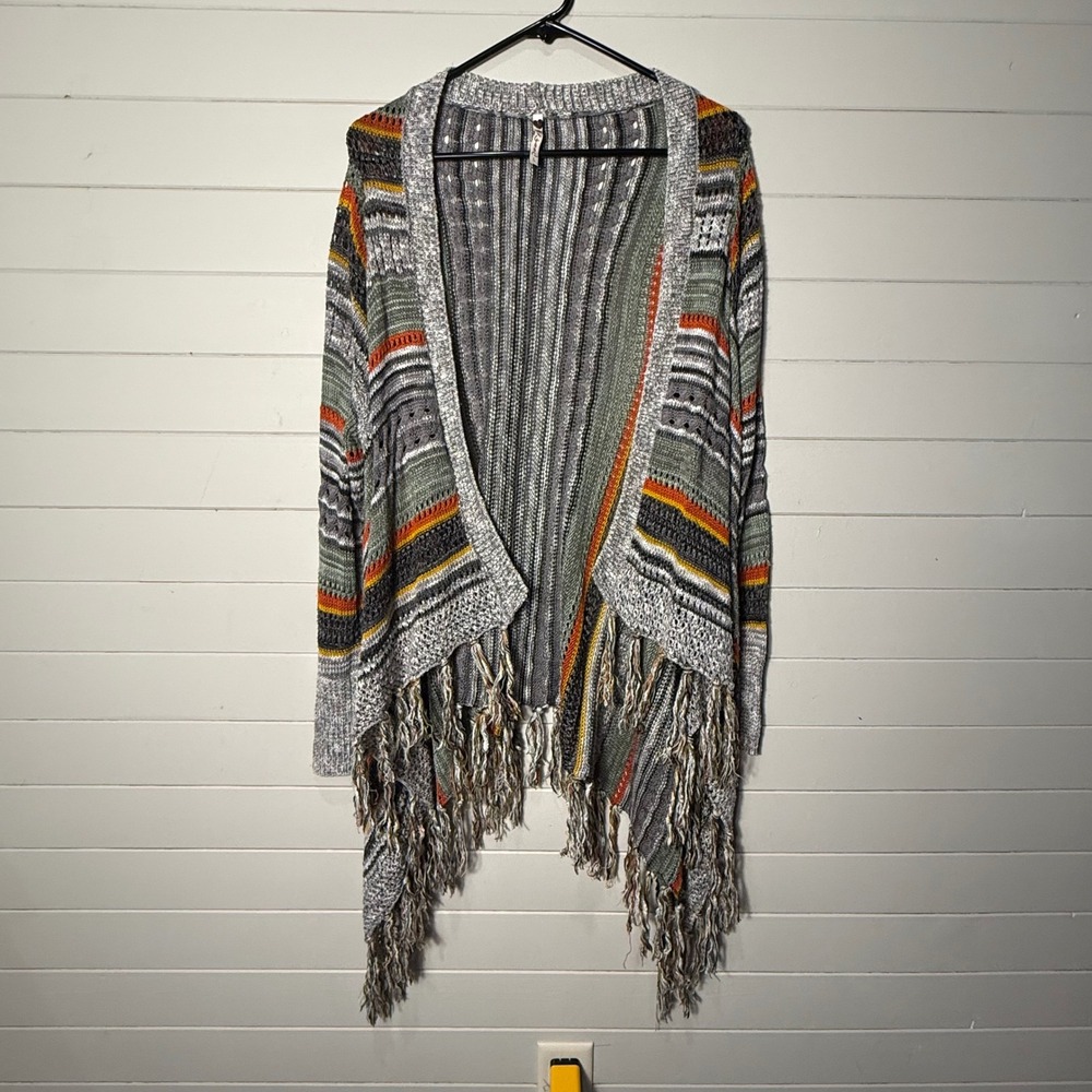 Boutique Fringe Cardigan Womens Large Boho Striped Knit Open Front Poncho